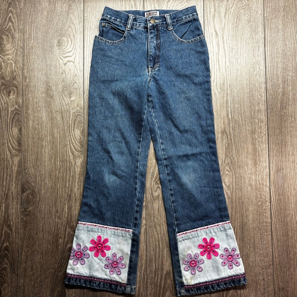 Request Jeans Womens 10 Blue Denim Y2K Flare Floral Embroidered 75524 ZRDE